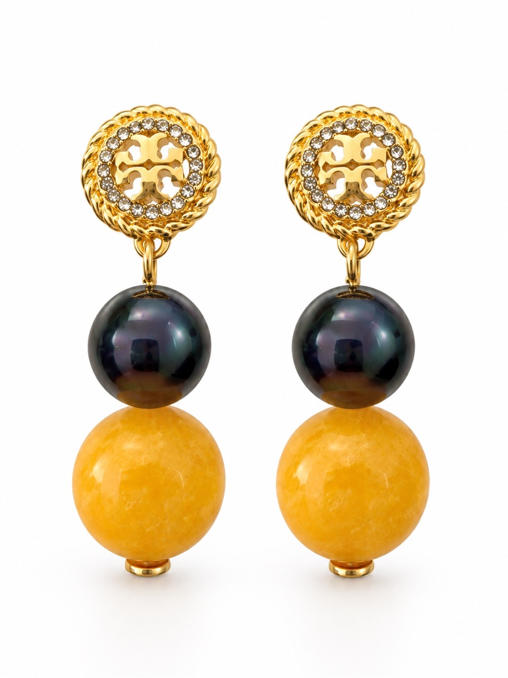 Tory Burch Logo Pavé Double Drop Beaded Earrings Gold Tone Multi-Color Statement